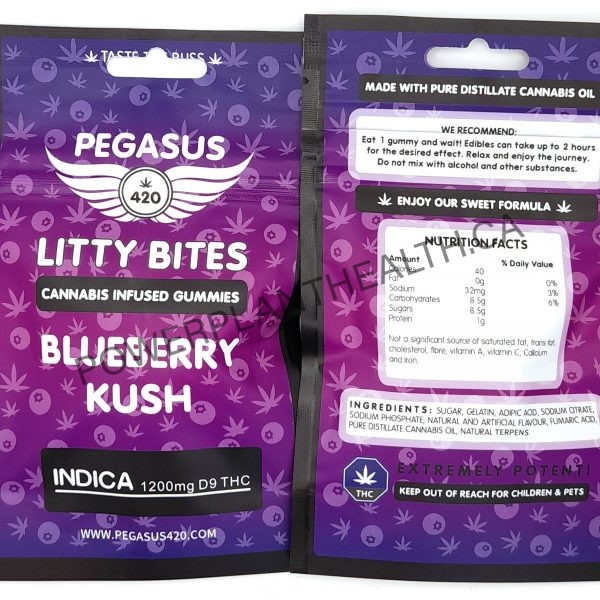 Pegasus Litty Bites 1200mg THC Gummy Blueberry Kush Indica - Power Plant Health